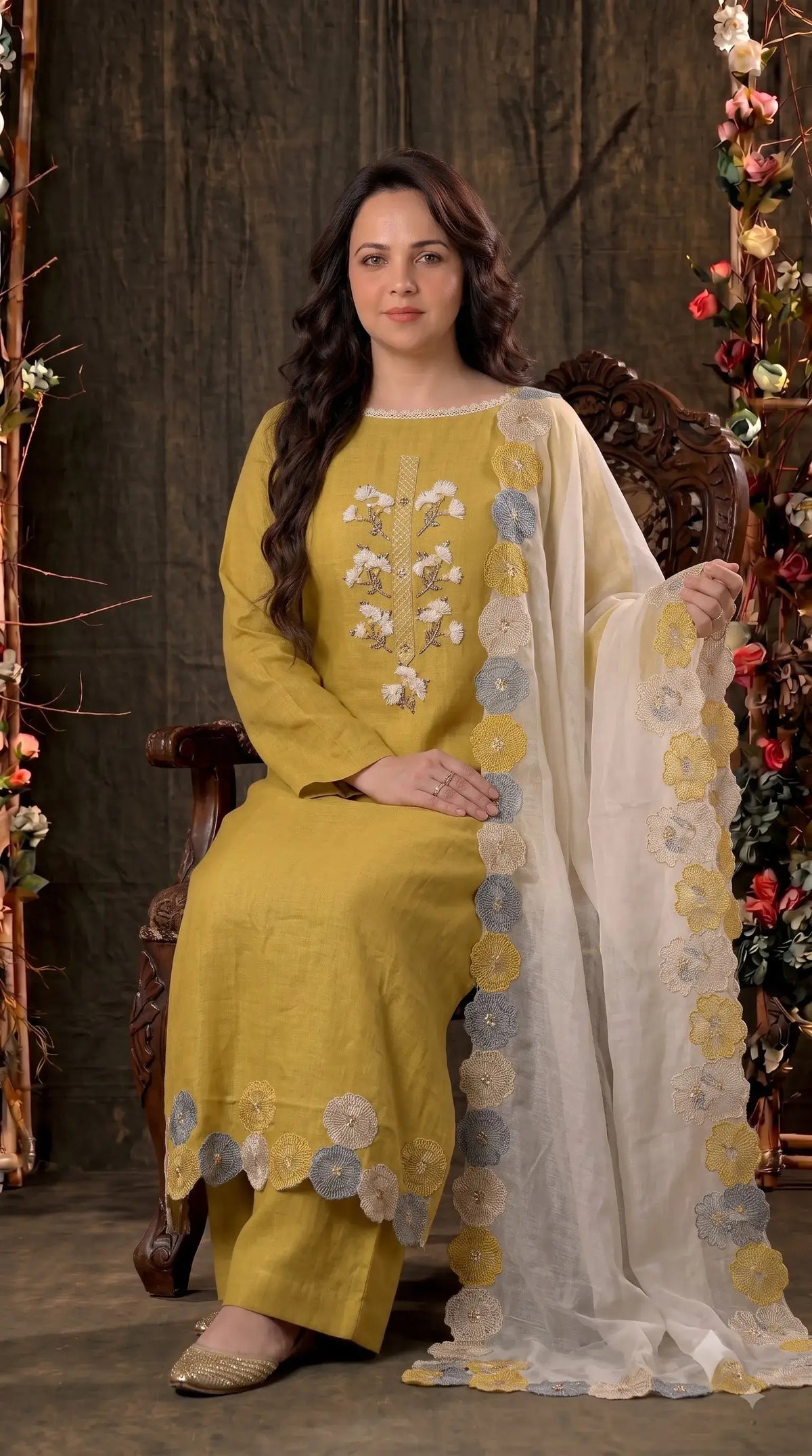 Premium Designer Mustard Yellow Soft Cotton Suit with Floral Bead & Sequin Work