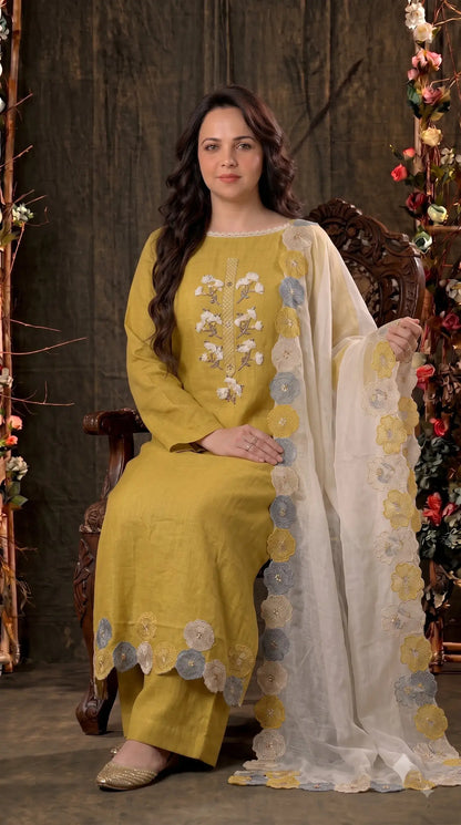 Premium Designer Mustard Yellow Soft Cotton Suit with Floral Bead & Sequin Work
