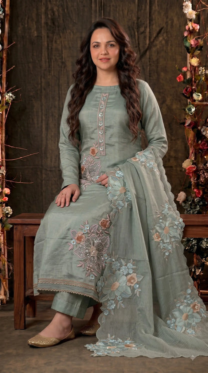 Premium Designer Sage Green Organza Suit with Pastel Floral Hand Embroidery, Sequin & Bead Work