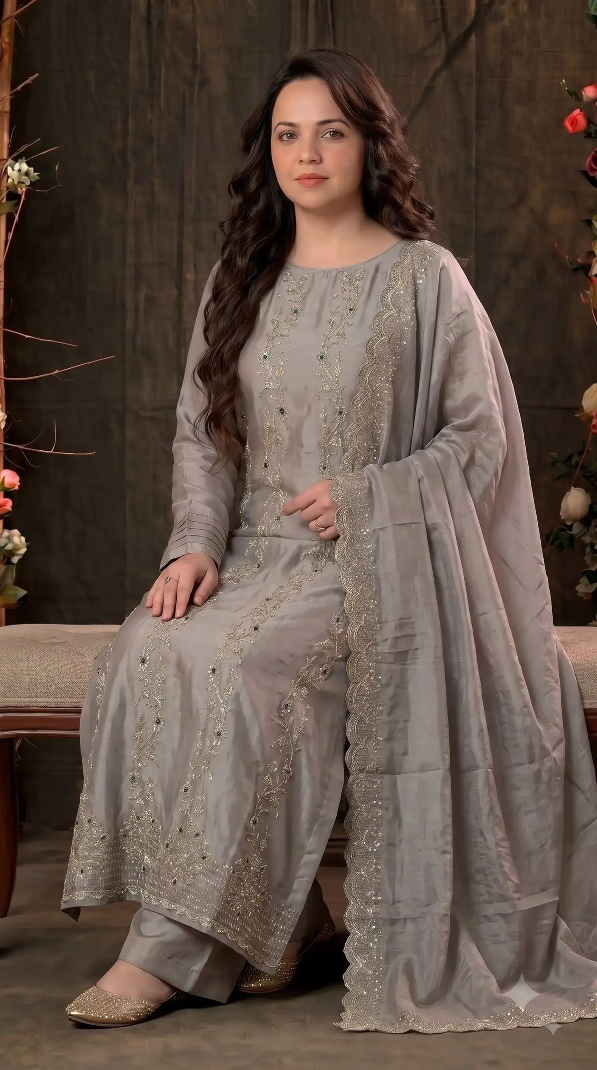 Premium Designer Misty Mauve Soft Tissue Suit with Elegant Stone Work