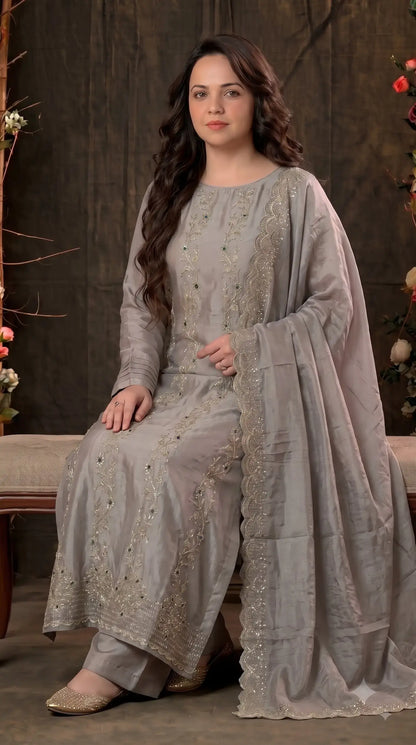 Premium Designer Misty Mauve Soft Tissue Suit with Elegant Stone Work