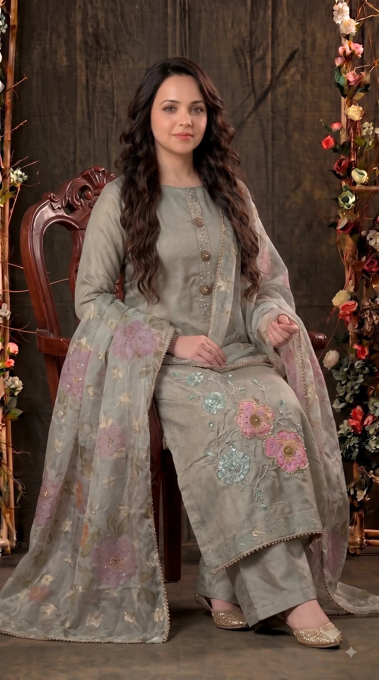 Premium Designer Sage-Green Soft Tissue Suit with Floral Bead, Sequin & Cutdana Work