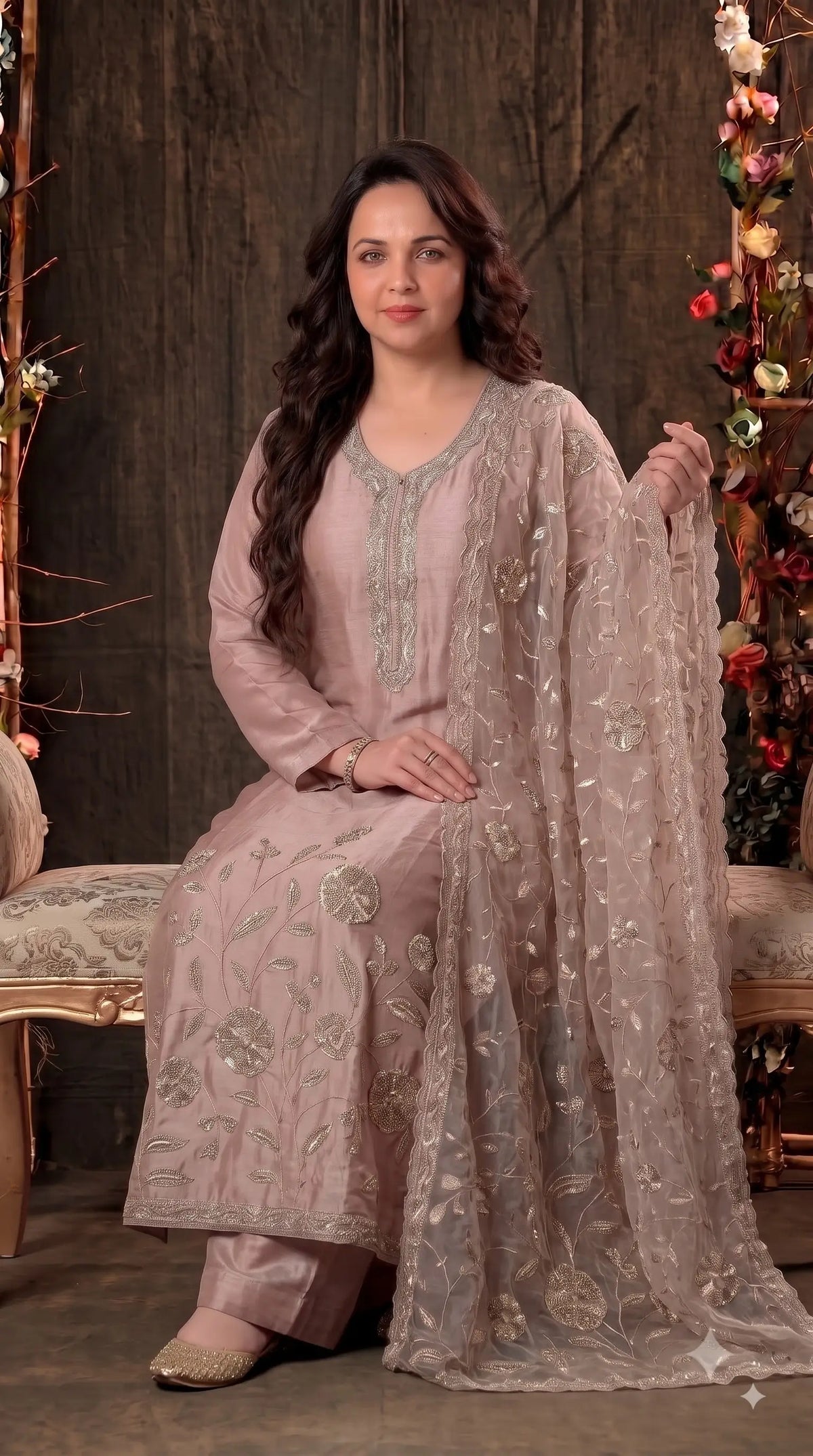 Premium Designer Dusty Pink-Taupe Taneria Suit with Floral Embroidery, Bead & Sequin Work