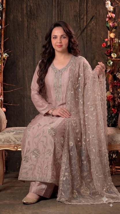Premium Designer Dusty Pink-Taupe Taneria Suit with Floral Embroidery, Bead & Sequin Work