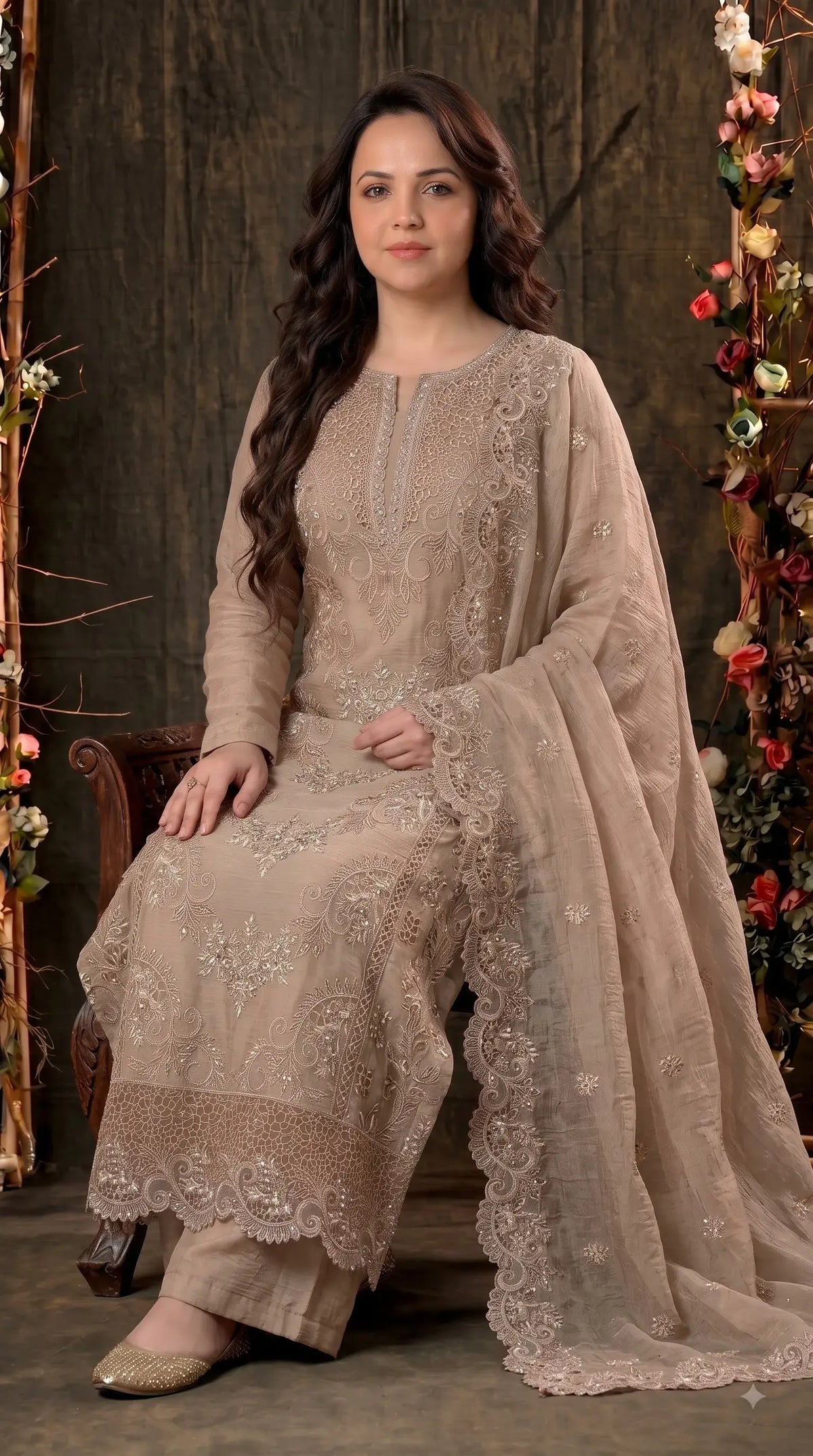 Premium Designer Taupe Beige Marble Chiffon Suit with Cutwork Embroidery & Swarovski Work