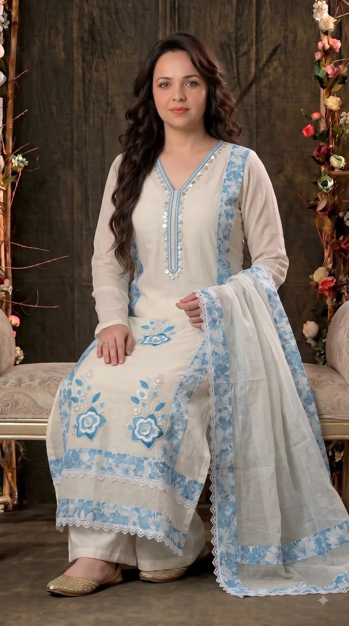 Premium Designer Off-White Mull Cotton Suit with Blue Floral Embroidery, Pearl & Sequin Work