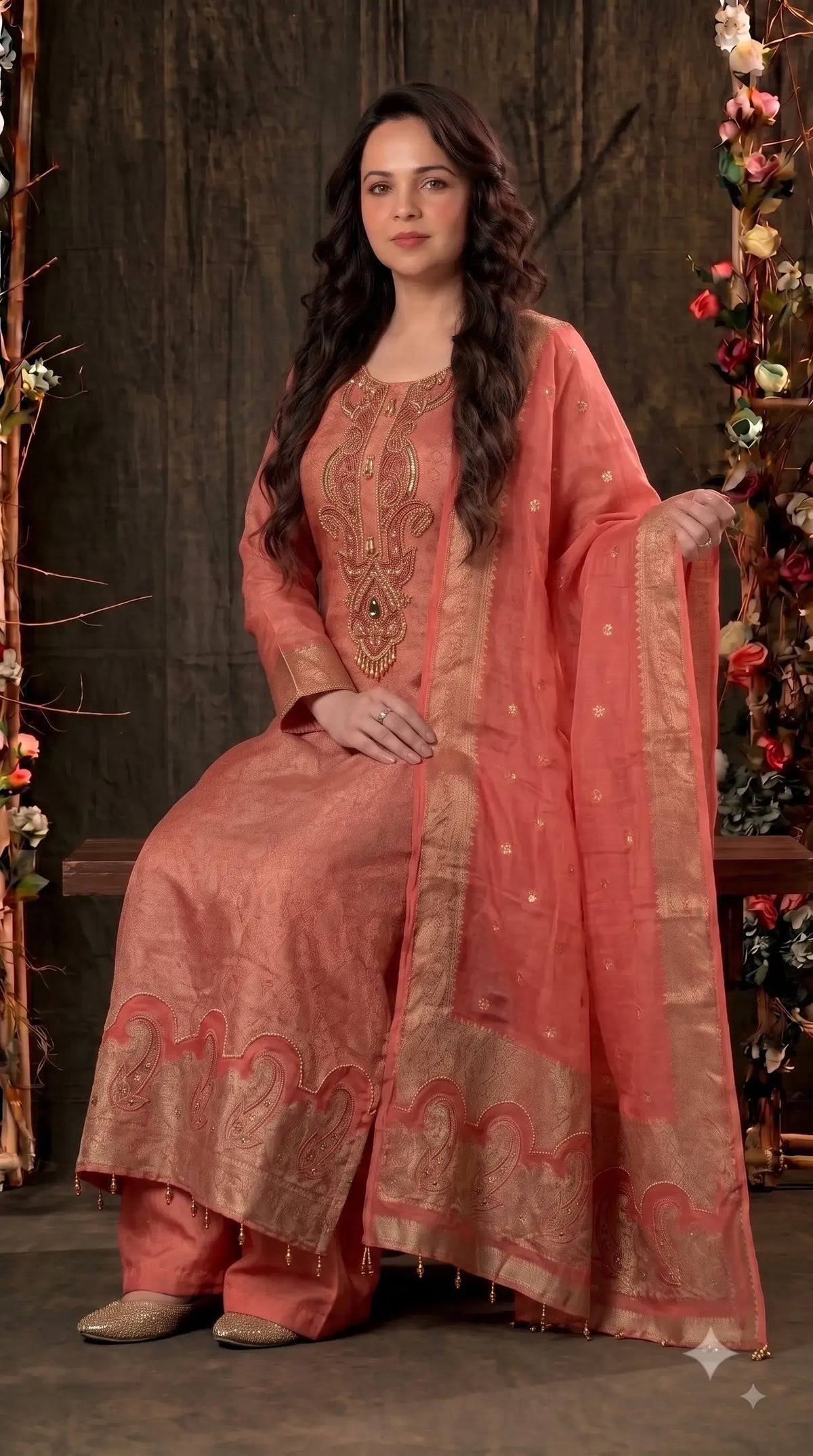 Premium Designer Coral Peach Soft Tissue Suit with Pearl, Bead & Stone