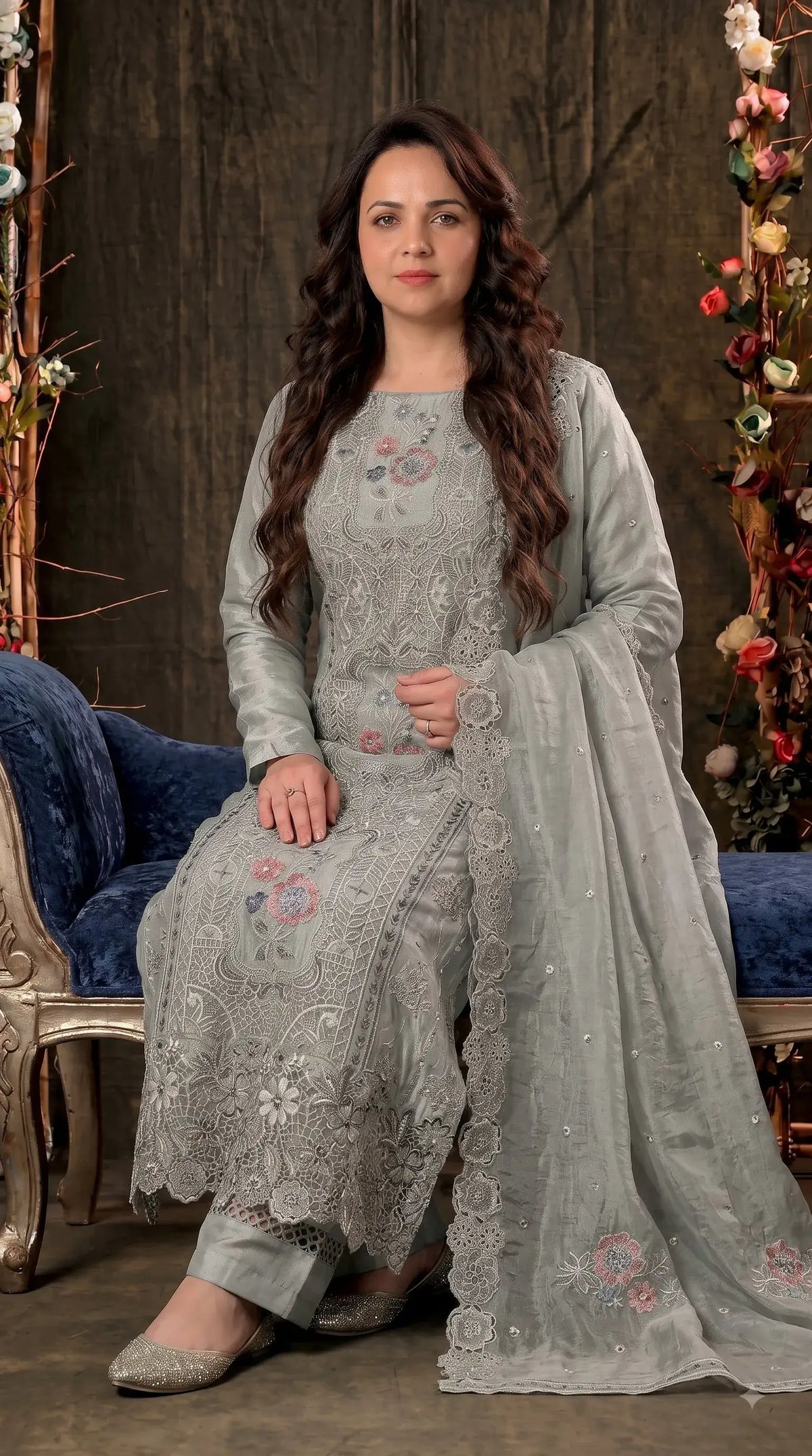 Premium Designer Sage Green Shimmer Silk Suit with Cutwork & Floral Embroidery
