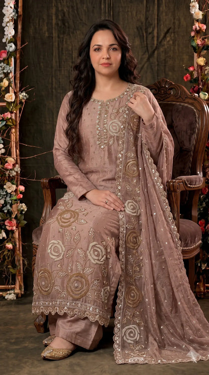 Premium Dusty Rose Taupe Soft Tissue Designer Suit with Pearl Work