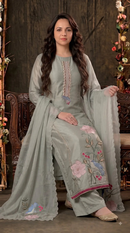 Premium Sage Green Tissue Pakistani Designer Suit with Floral & Bird Embroidery