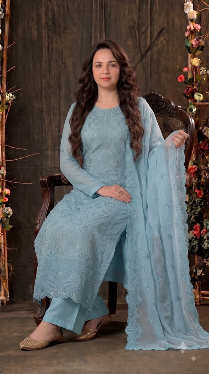 Pakistani Designer Soft Blue Pakistani Suit with Pearl Embroidery Work