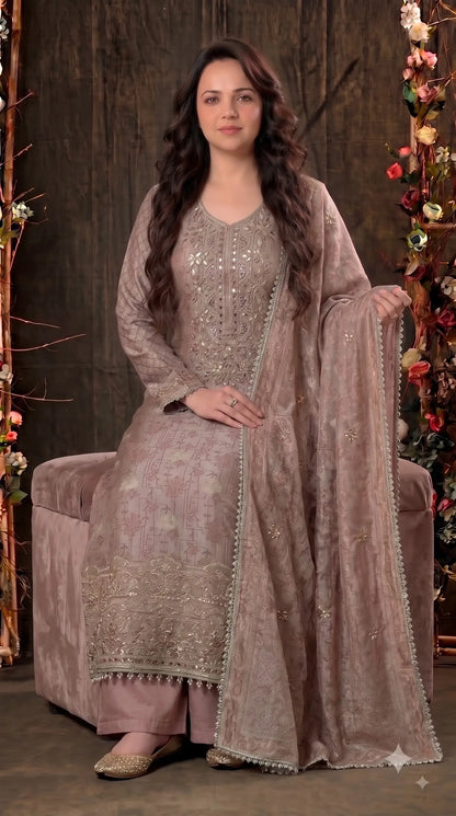 Premium Designer Dusty Rose Taupe Banarsi Suit with Mirror & Pearl Work