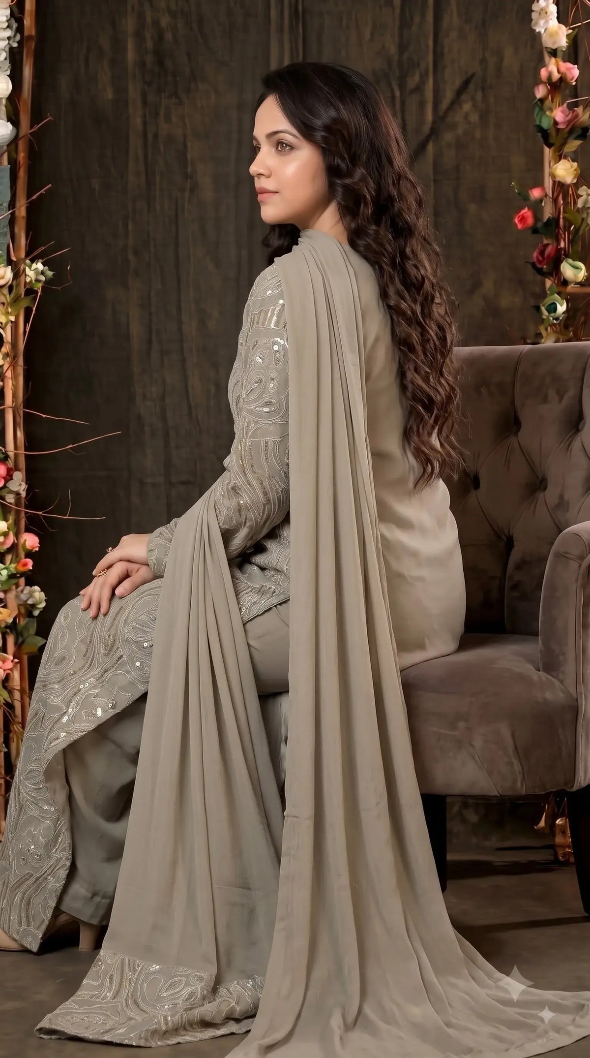 Premium Designer Ivory & Blue Organza Ethnic-Western Suit with Pearl, Bead & Sequin Work