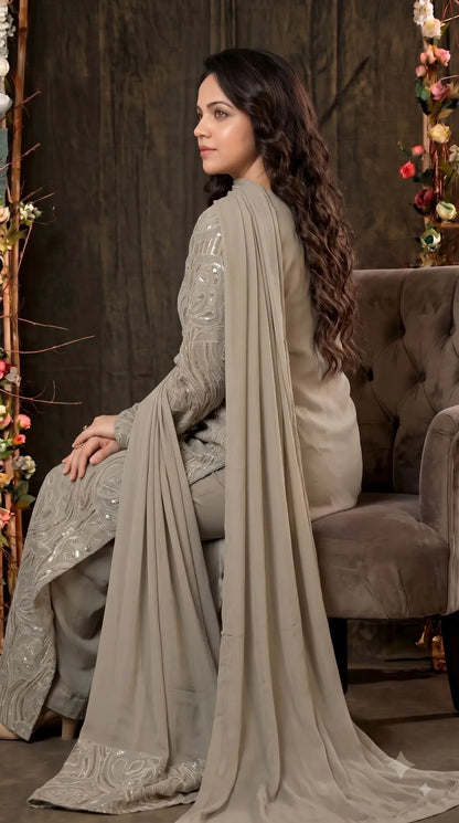 Premium Designer Ivory & Blue Organza Ethnic-Western Suit with Pearl, Bead & Sequin Work