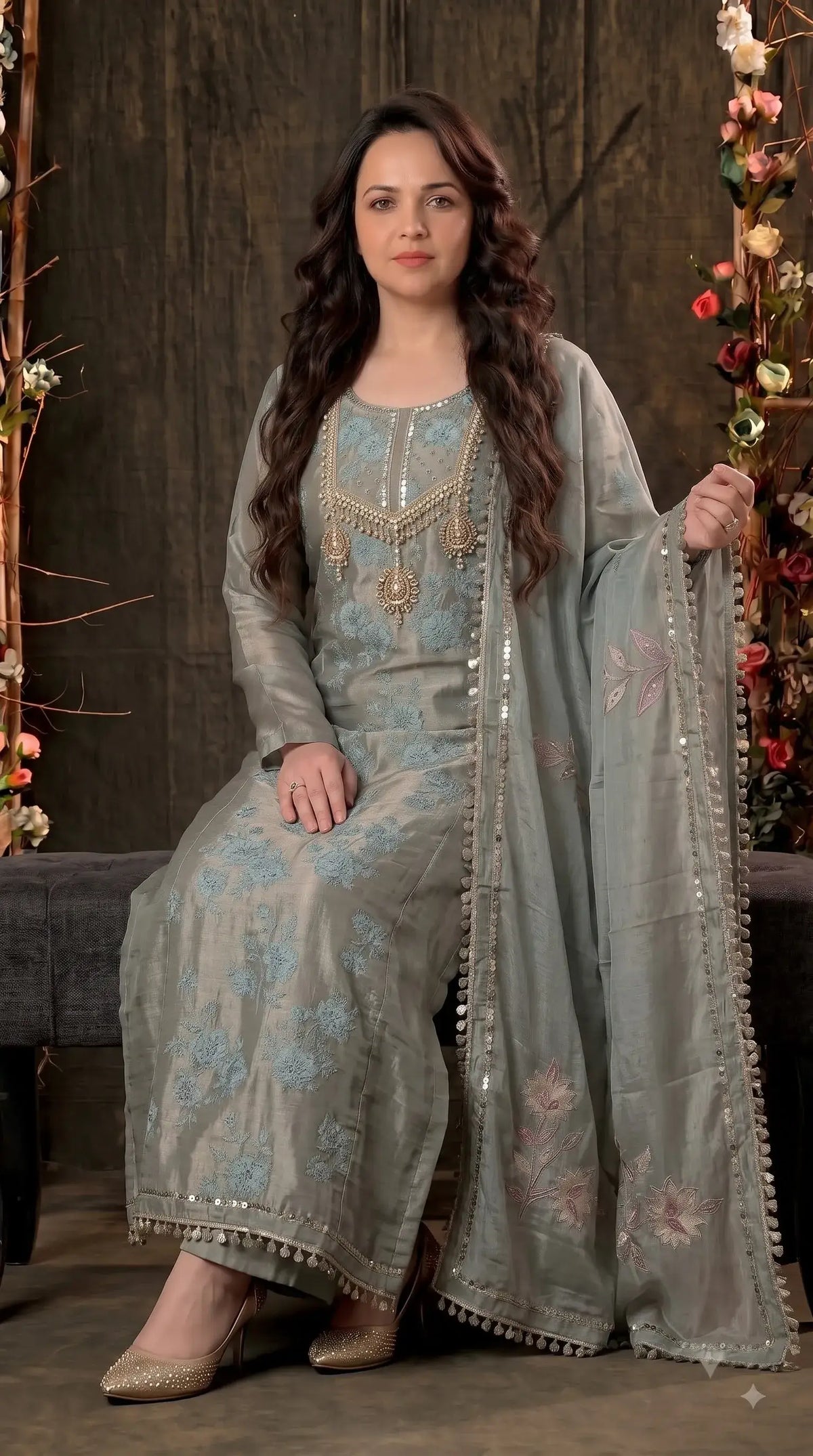 Premium Pastel Tissue Pakistani Designer Suit with Floral Embroidery, Pearl & Sequin Handwork