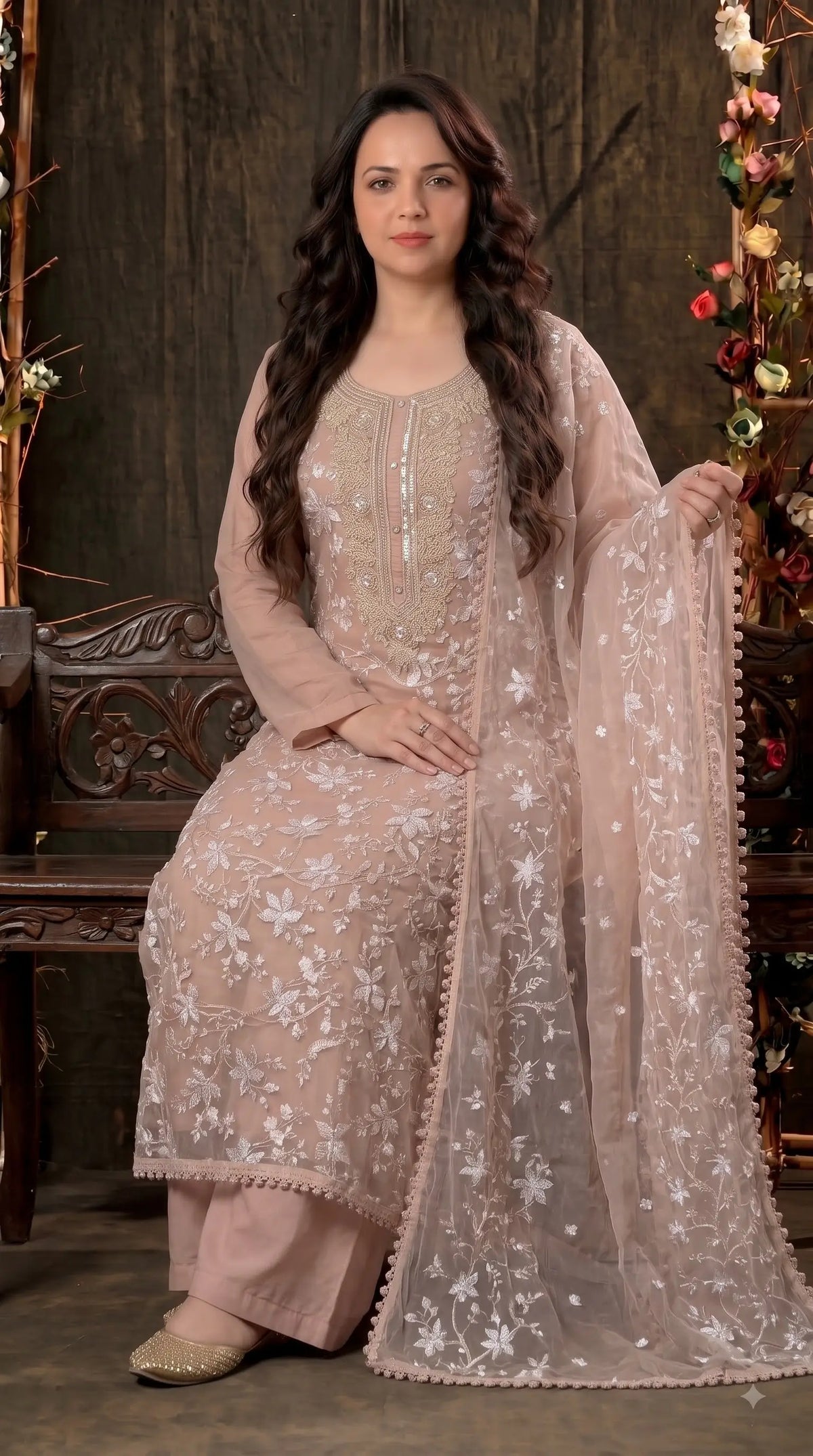 Premium Designer Blush Pink Soft Chiffon Suit with Elegant Applique Floral Work & Graceful Dupatta