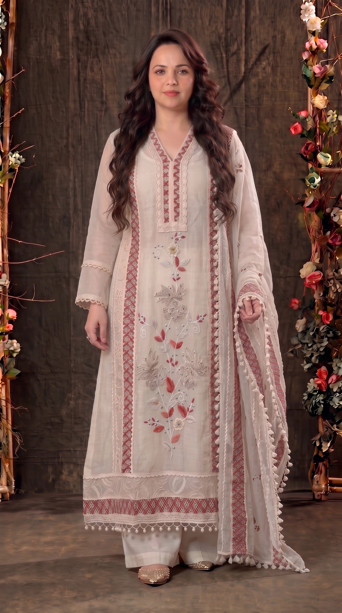 Soft Floral Pakistani Mull Cotton Suit with Dusty Rose Embroidery
