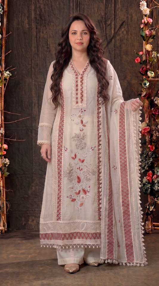 Soft Floral Pakistani Mull Cotton Suit with Dusty Rose Embroidery