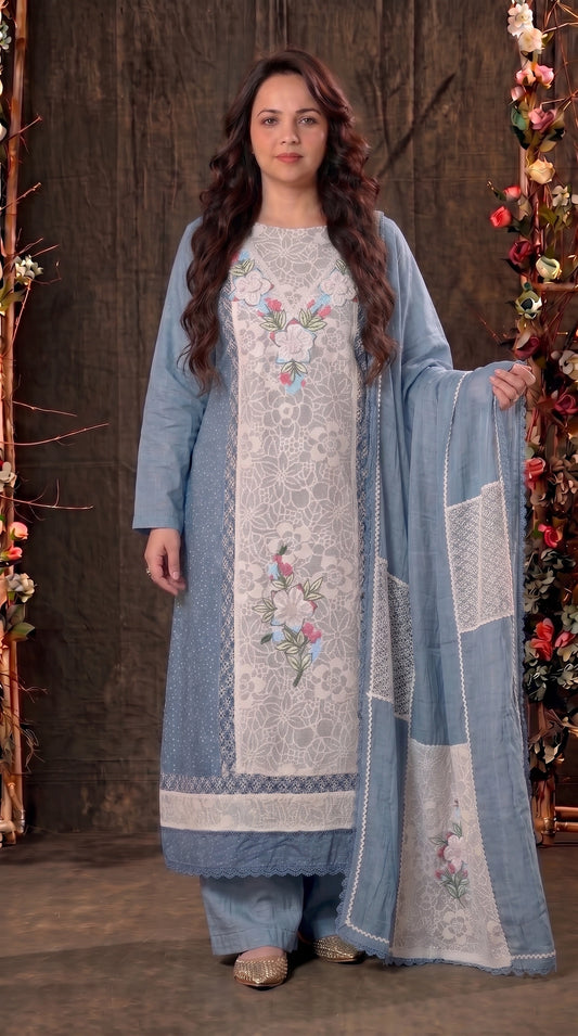 Premium Designer Blue Pakistani Mull Cotton Suit with Floral Embroidery & Lace Work