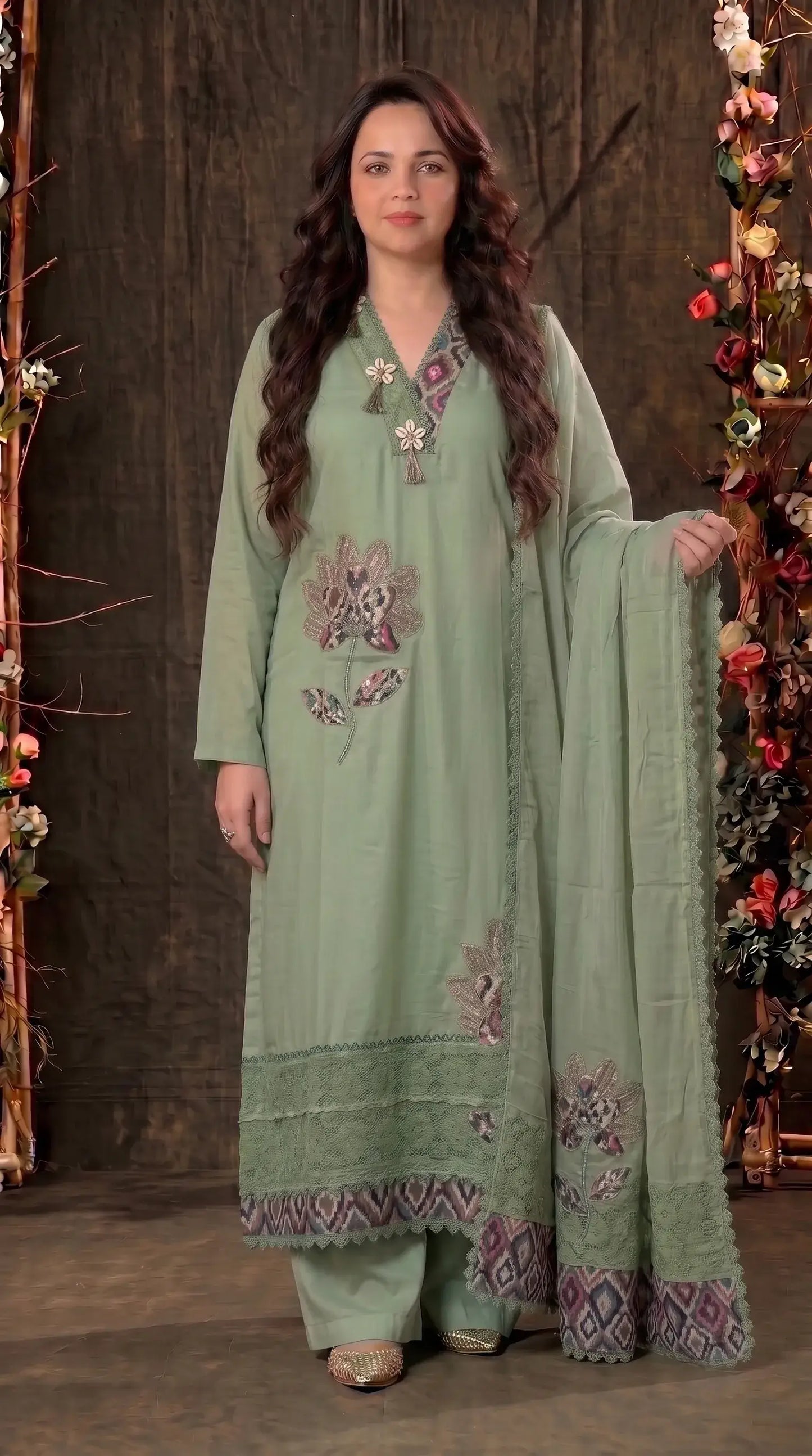 Green designer Suit with Floral Appliqué & Lace Detailing