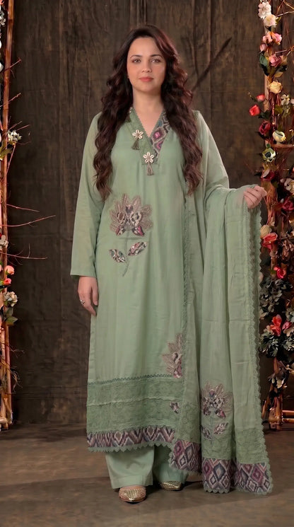 Green designer Suit with Floral Appliqué & Lace Detailing