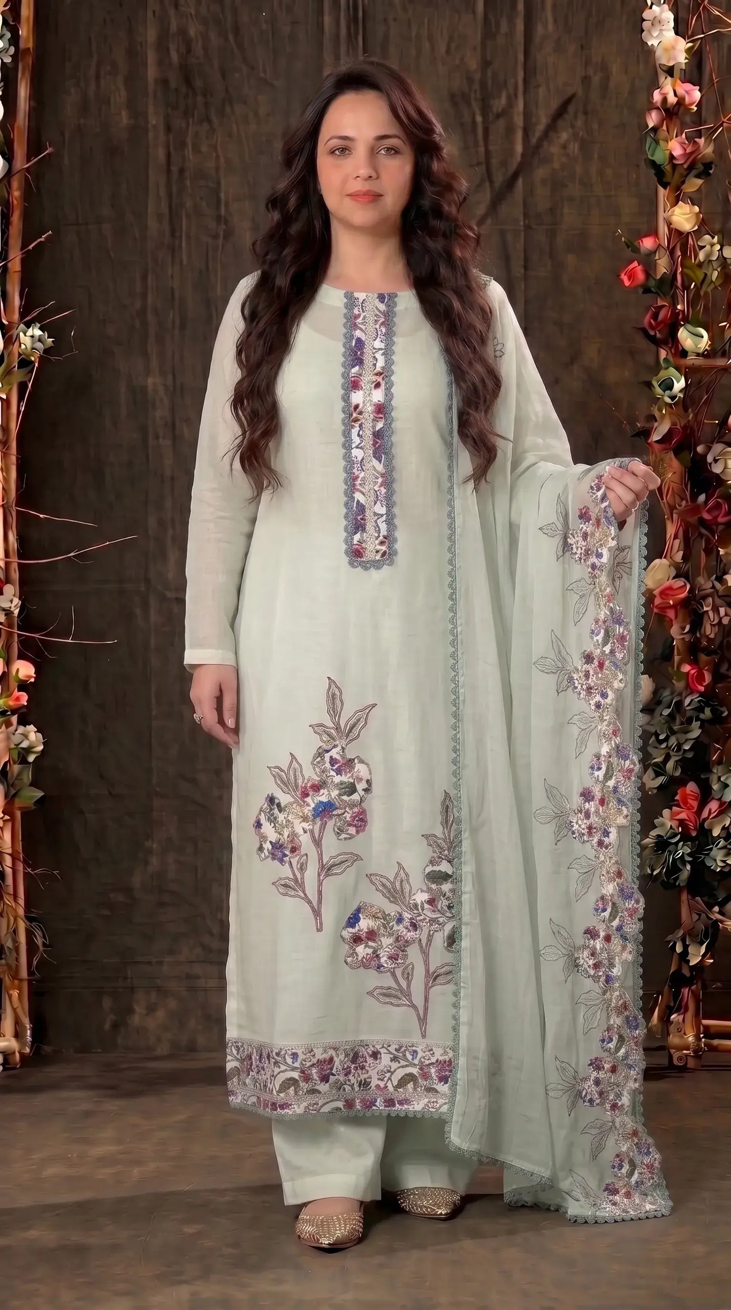 Light Green Mul Suit with Floral Embroidery & Embroidered Dupatta