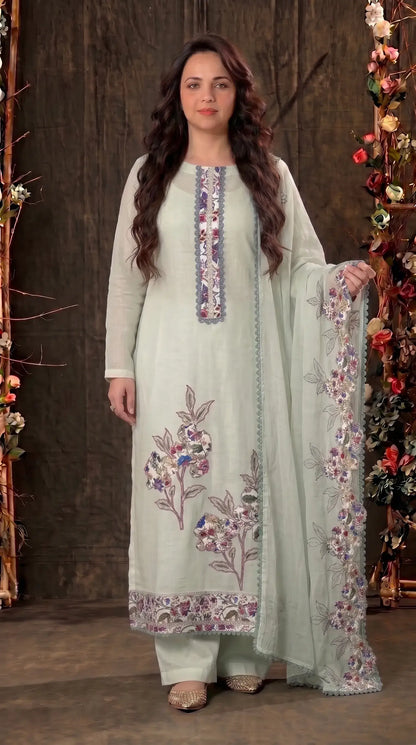 Light Green Mul Suit with Floral Embroidery & Embroidered Dupatta