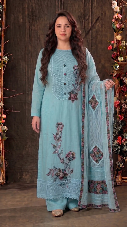 Ice Blue Floral Embroidered Designer Suit