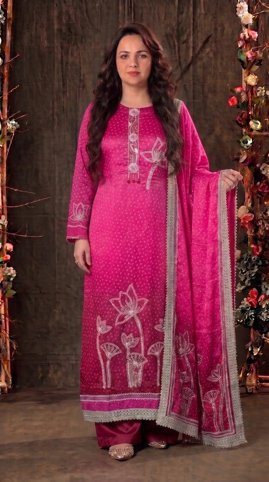 Premium Silk Designer Rani Pink Hand-Embroidered Suit