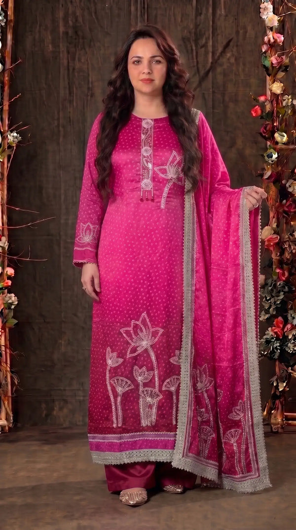 Premium Silk Designer Rani Pink Hand-Embroidered Suit