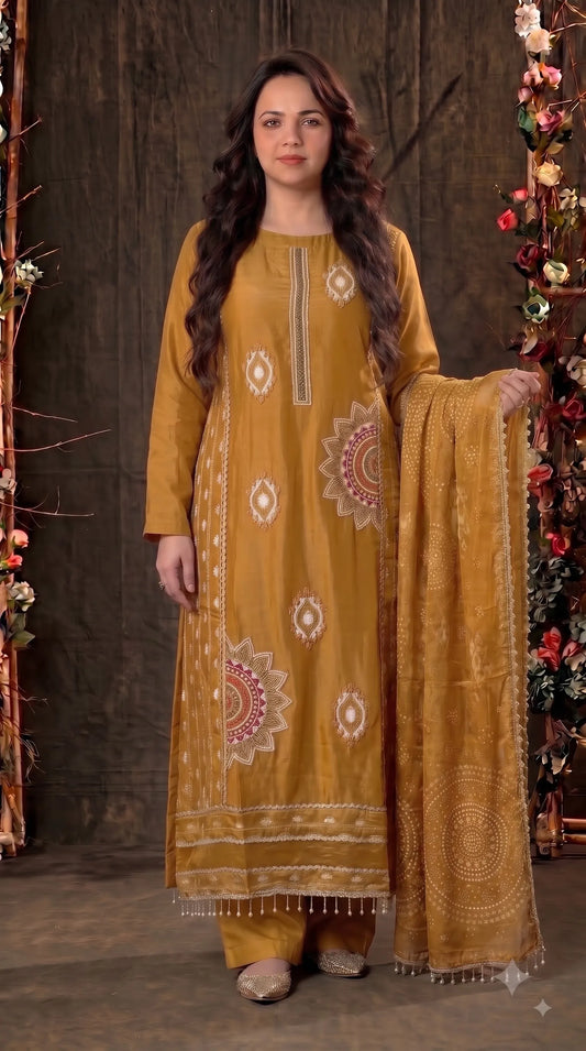 Premium Tissue Mustard Designer Suit with Pearl Detailing