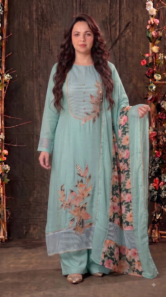 Premium Tissue Designer Aqua Blue Floral Suit