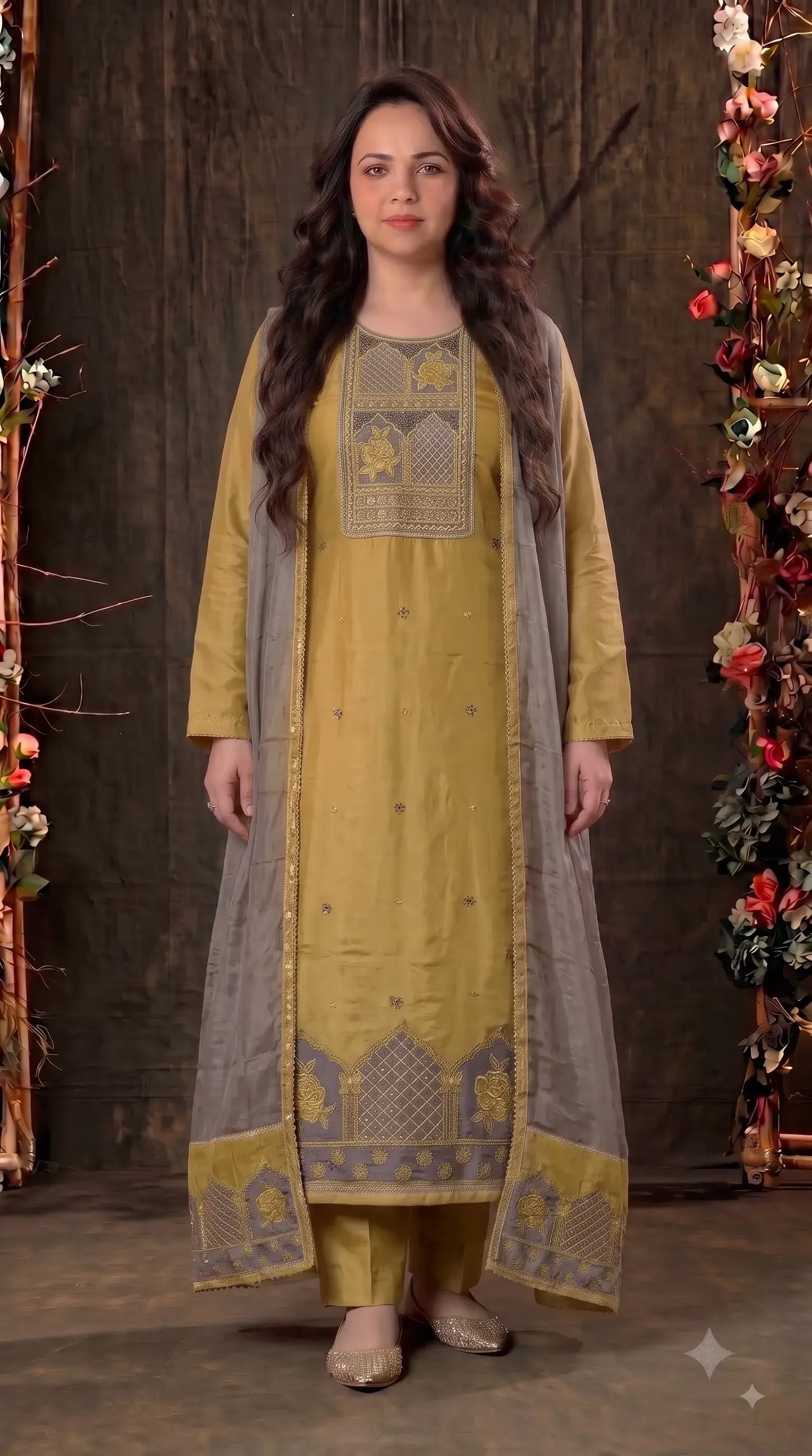 Premium Designer Mustard Gold Pakistani Suit with Grey Embroidered Dupatta
