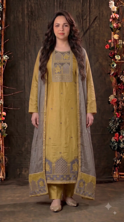 Premium Designer Mustard Gold Pakistani Suit with Grey Embroidered Dupatta