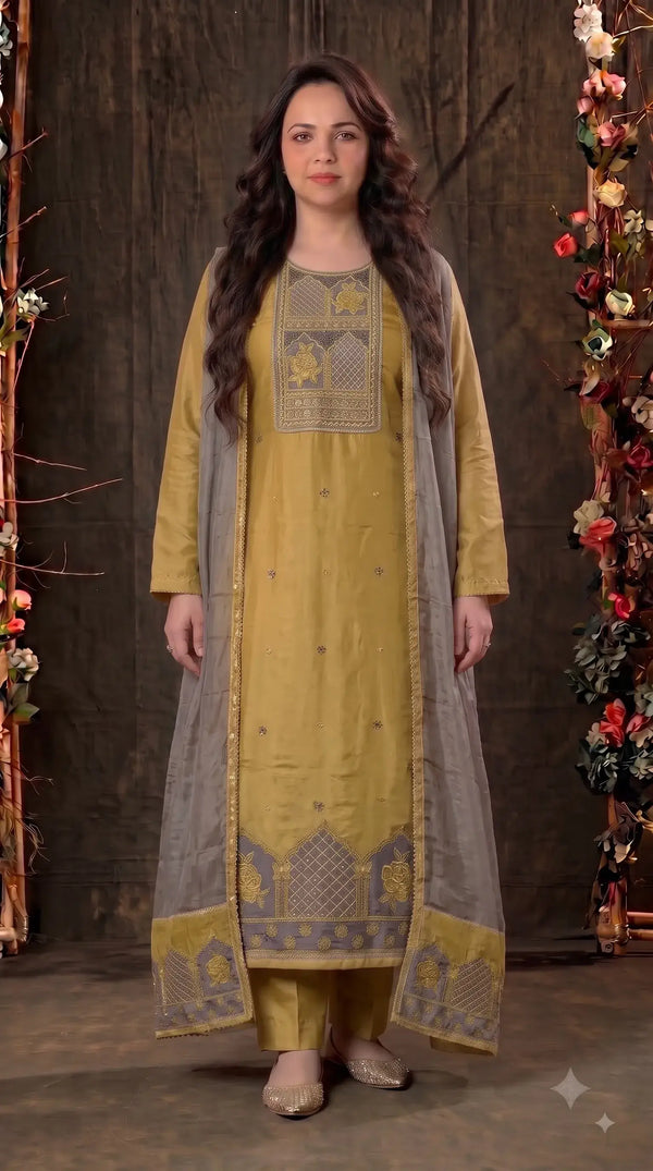 Premium Designer Mustard Gold Tissue Suit with Grey Embroidered Dupatta
