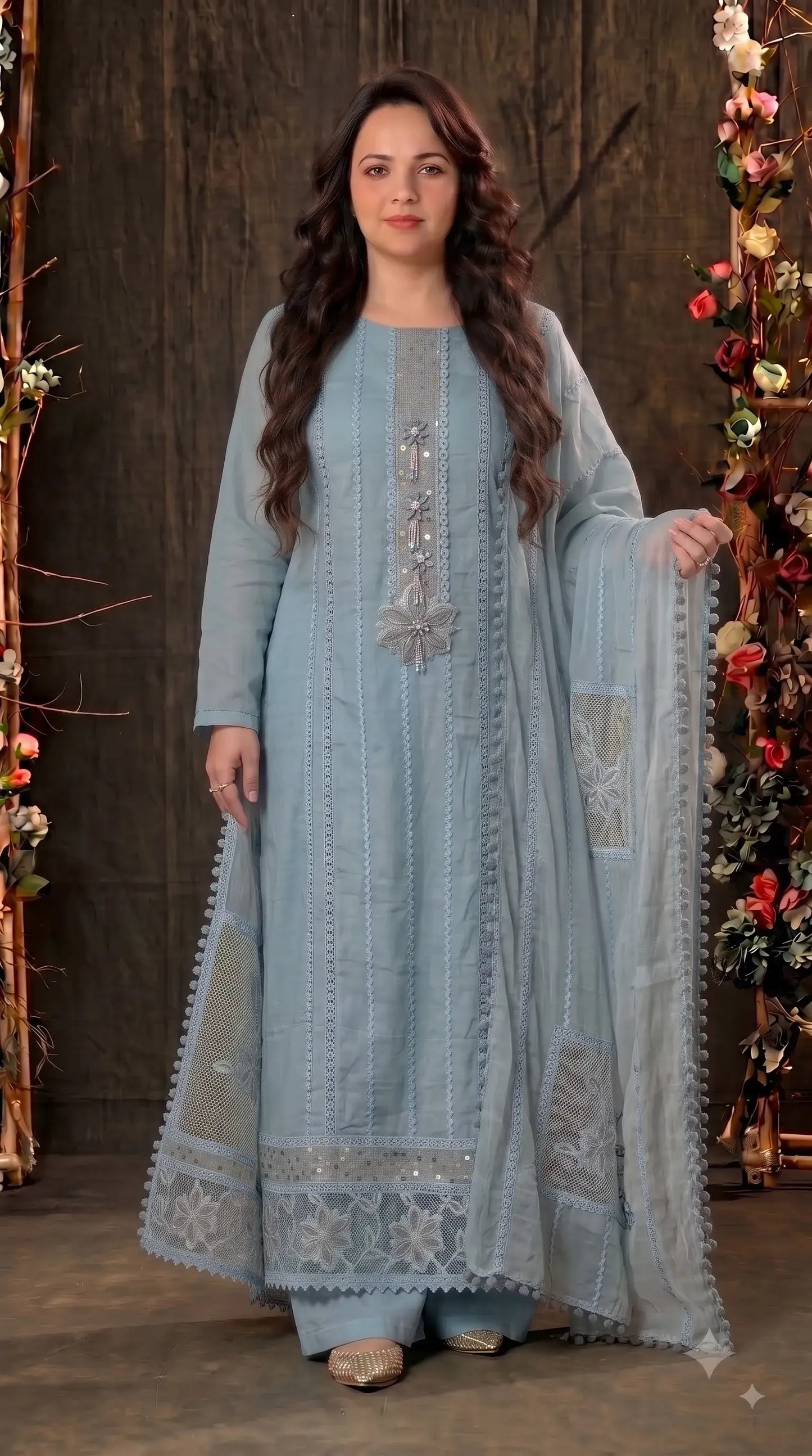 Premium Designer Powder Blue Soft Mul Pakistani Suit with Pearl Tassel Work