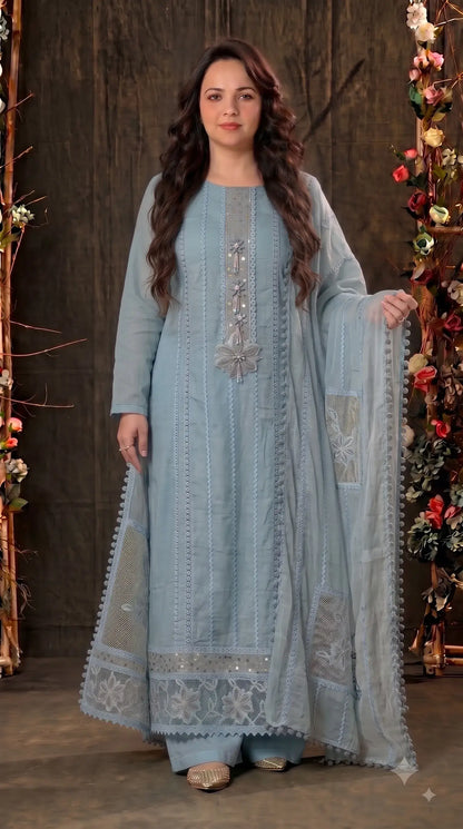 Premium Designer Powder Blue Soft Mul Pakistani Suit with Pearl Tassel Work