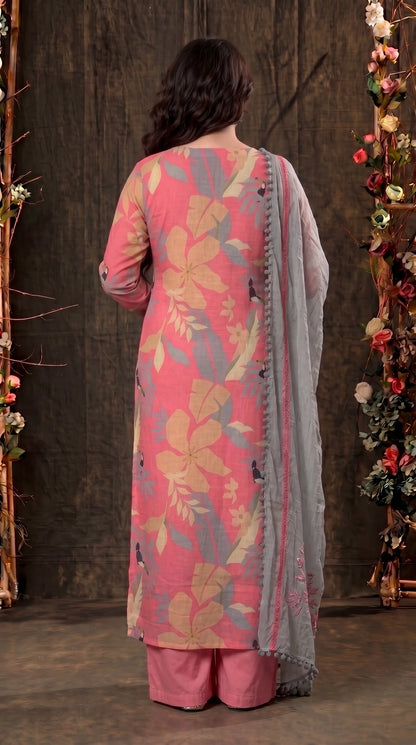 Pink Designer Ethnic Suit with Floral Print & Lace Work