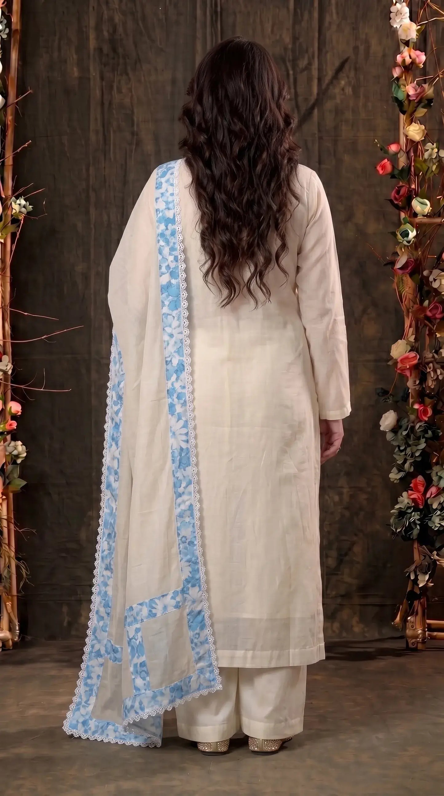 Ivory Blue Floral Designer Suit with Boutique Finish