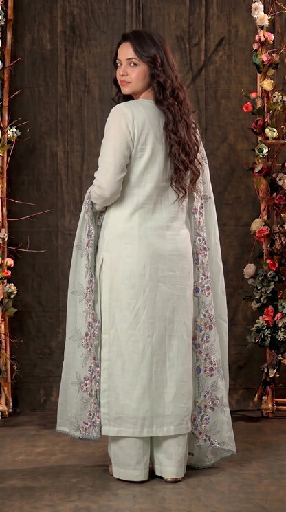 Light Green Mul Suit with Floral Embroidery & Embroidered Dupatta