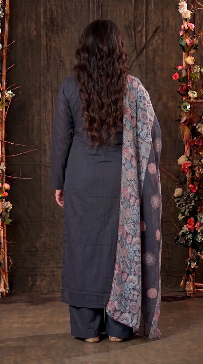 Navy Blue Mul Cotton Suit with Floral Embroidery & Printed Dupatta