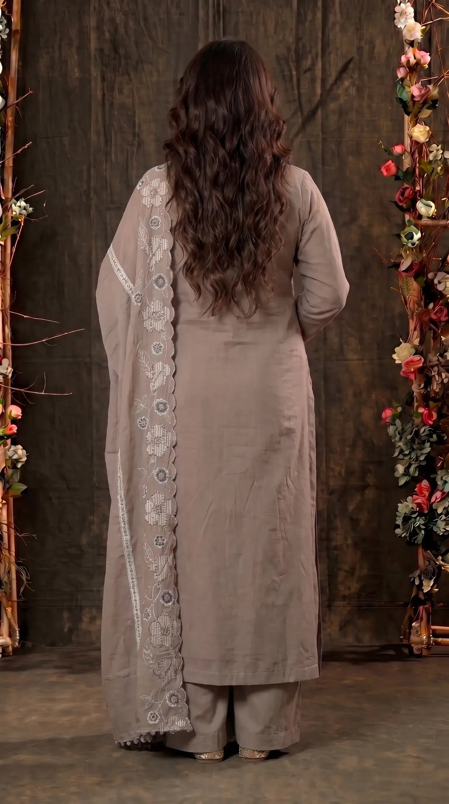Ivory Mull Cotton Suit with Floral Embroidery & Embroidered Dupatta
