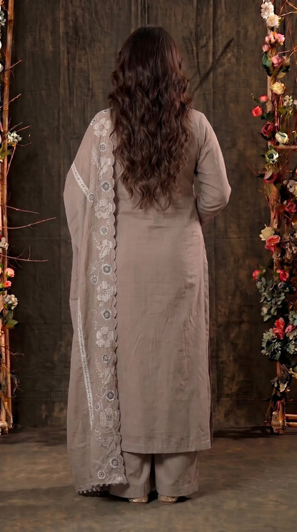 Ivory Mull Cotton Suit with Floral Embroidery & Embroidered Dupatta