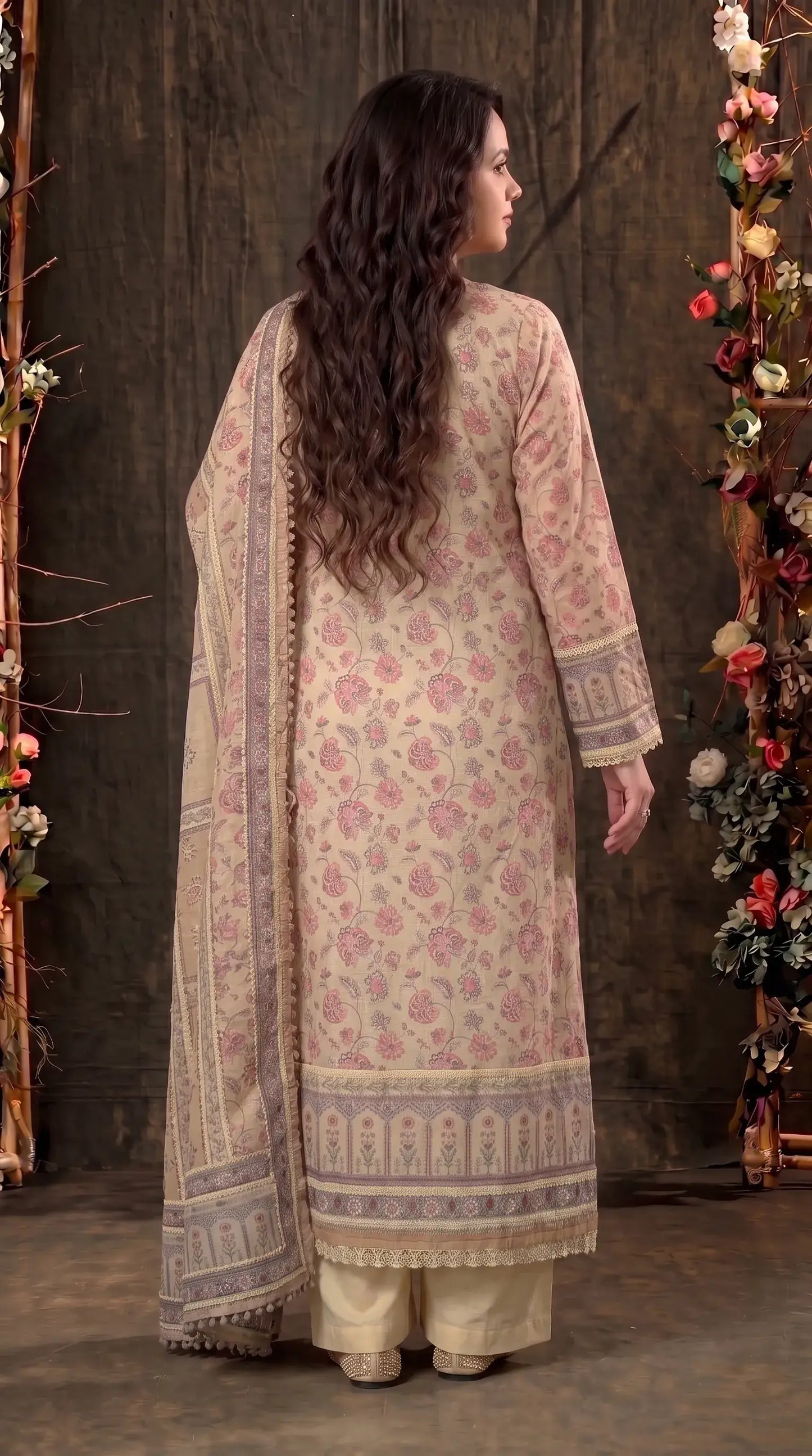 Beige Khaddi Designer Suit with Pearl Detailing