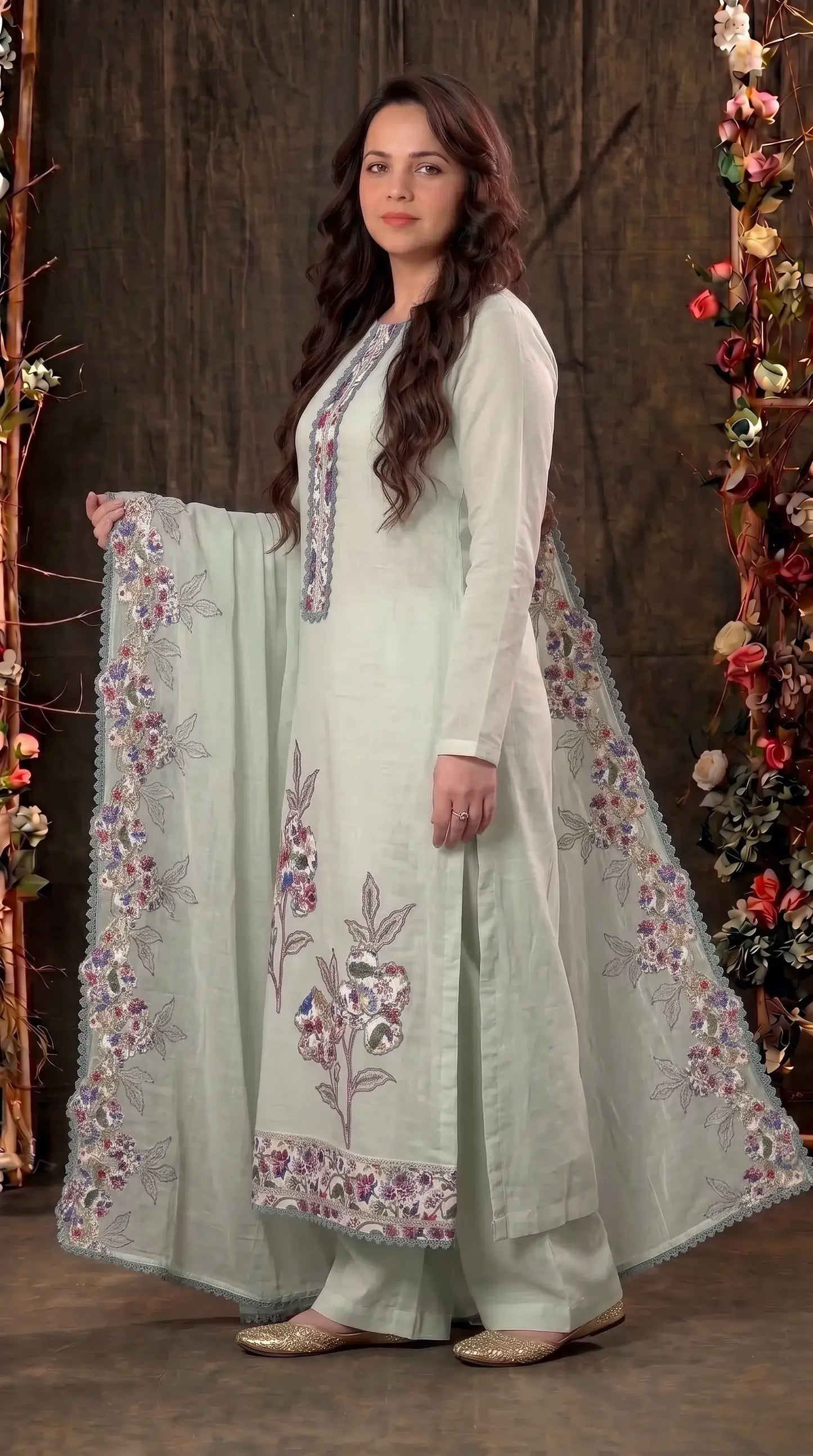 Light Green Mul Suit with Floral Embroidery & Embroidered Dupatta