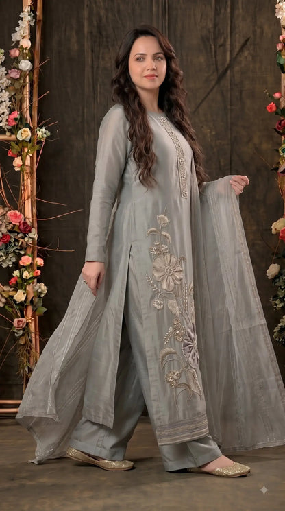 Premium Designer Silver Shade Designer Suit in Soft Tissue Fabric with Royal Hand Work