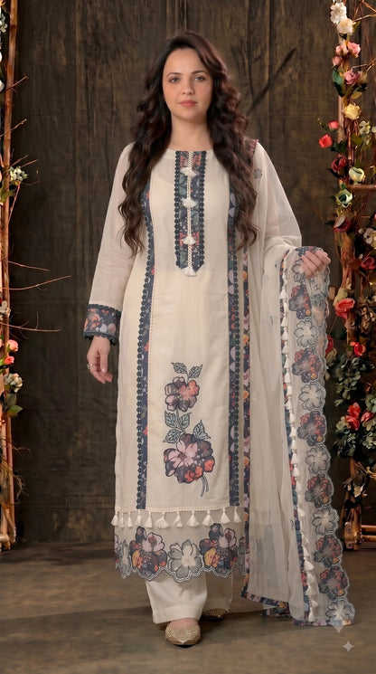Premium Designer Off-White Soft Cotton Suit with Floral Detailing & Pearl Accents