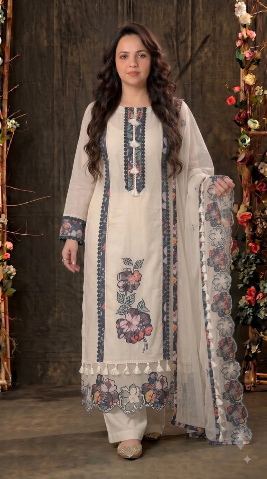 Premium Designer Off-White Soft Cotton Suit with Floral Detailing & Pearl Accents