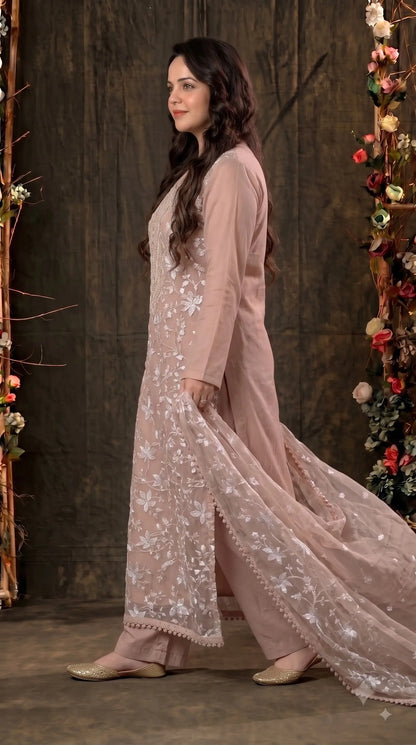 Premium Designer Blush Pink Soft Chiffon Suit with Elegant Applique Floral Work & Graceful Dupatta