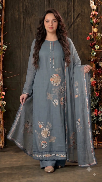 Premium Slate Blue Soft Cotton Suit with Floral Appliqué, Thread & Pearl Work